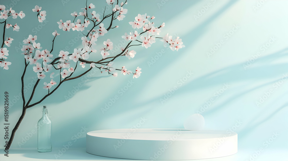 Poster minimalist product display with cherry blossoms and pastel color scheme studio setting