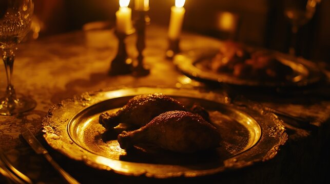 Roasted chicken legs on ornate plate, candlelit table setting