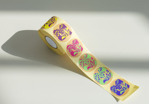 Mockup of Circular stickers on a roll rest on a light background.
