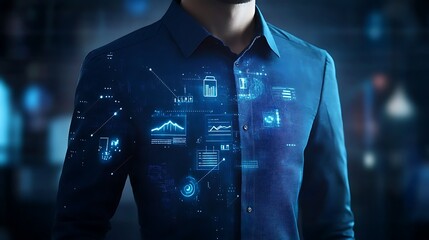 Man in Blue Shirt with Futuristic Interface and Data Visualization Overlay