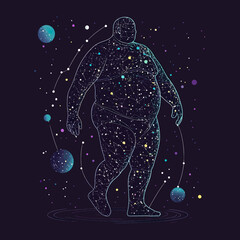 Abstract digital wireframe illustration of obese male figure composed of starry cosmic points, planetary orbits, interconnected constellation lines on dark space background