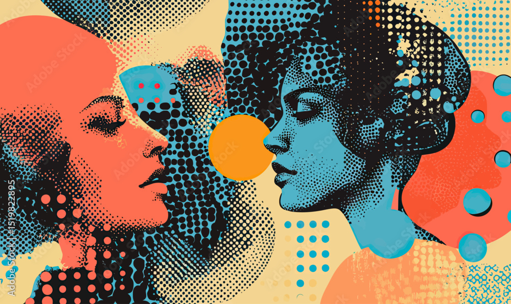 Poster retro surrealist vector art of two stylized women with halftone dotted texture facing each other wit