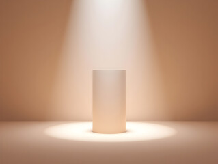 Minimalist 3d render of a cylindrical podium illuminated by a spotlight with soft shadows for product presentation