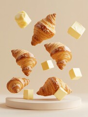 Flying croissants and butter cubes on beige background
