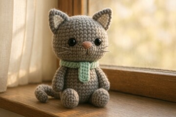 handmade crochet cat doll sitting on a windowsill