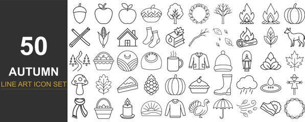 50 Minimal Line Art Icons Celebrating the Autumn Season Featuring Fall Leaves, Cozy Clothing, Hot Drinks, Forest Elements, Harvest Symbols, and Thanksgiving Decorations for Print and Web