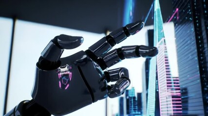 Robotic hand interacting with digital display in futuristic environment - Powered by Adobe