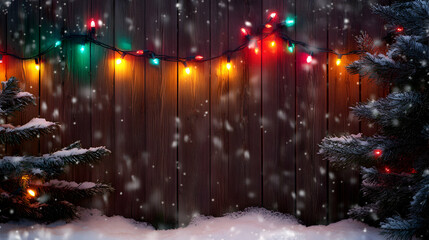 Magical christmas: rustic wooden background adorned with festive lights and snow