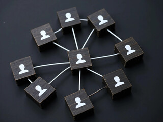 Wooden Cubes Connected with Lines on Blue Background Representing Social Network and Organizational Structure, Illustrating Teamwork, Digital Communication, and Business Collaboration