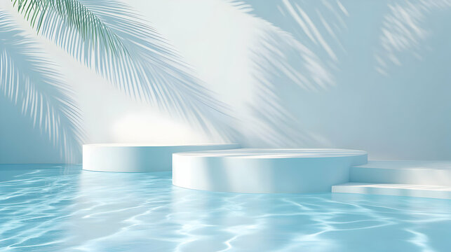 Minimalistic product display podium with sunlight and water reflection background