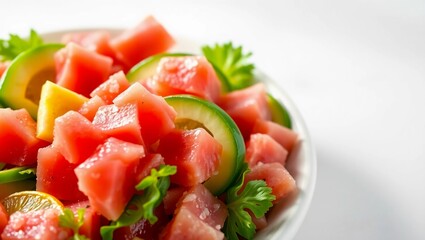 fresh healthy tuna avocado salad seafood poke bowl rice cucumber
