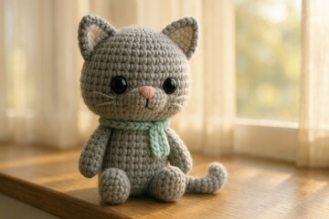 handmade crochet cat doll sitting on a windowsill
