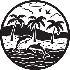 Dolphins playing at sunset on Palm Beach shore silhouette design