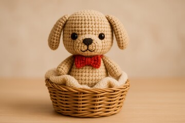 crochet puppy doll sitting inside a small woven basket with a soft blanket