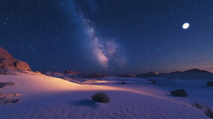 Milky way panorama over snowy landscape
