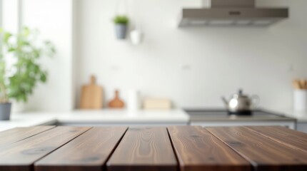 Dark Wooden Table Close-Up with a blurred modern white kitchen in the background, Shallow Focus