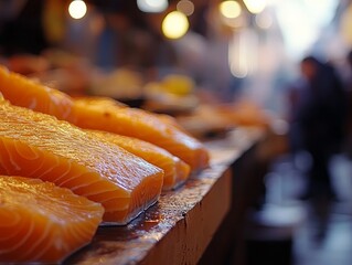 Close-up of a fresh salmon fillet with a blurred seafood market