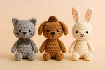 Three handmade crochet animal dolls, a cat, a dog, and a bunny lined up in front of a plain pastel background