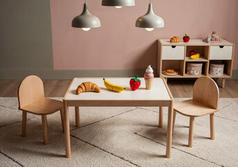 Minimalist Luxury Playroom with Premium Fake Food Toys and Scandinavian Furniture