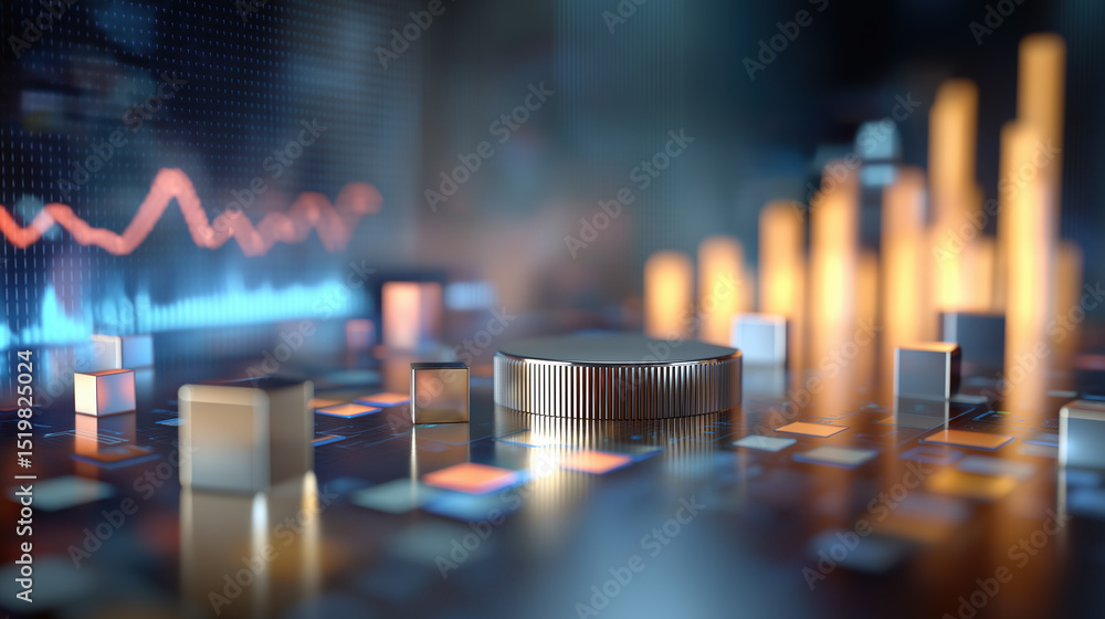 Poster 3d infographics for business presentation with neon glowing charts, bars and pie diagrams. generated