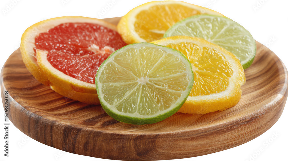 Aufkleber freshly cut slices of grapefruit, orange, and lime are artfully arranged on a rustic wooden platter,