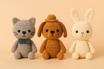 Three handmade crochet animal dolls, a cat, a dog, and a bunny lined up in front of a plain pastel background