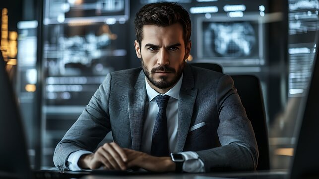 Determined Businessman Sitting in Front of Monitors with Serious Expression