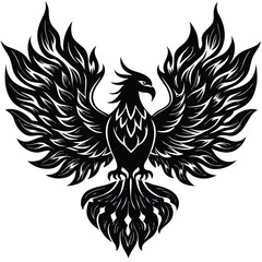 Obraz premium Elegant black silhouette of phoenix bird with open wings spreading fire