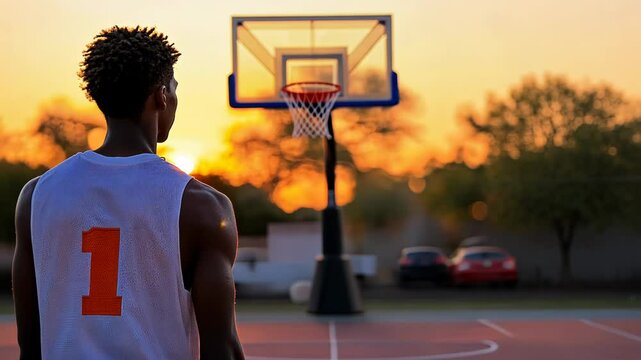 Young basketball player focused on the hoop at sunset - Powered by Adobe