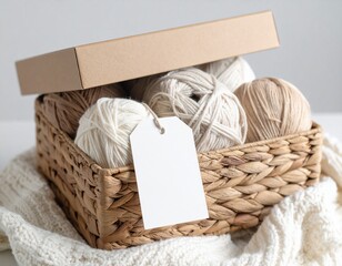 Beige Yarn Balls in Woven Box with Blank Tag