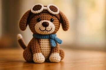 crochet dog wearing aviator goggles and a tiny blue scarf, sitting on a wooden surface