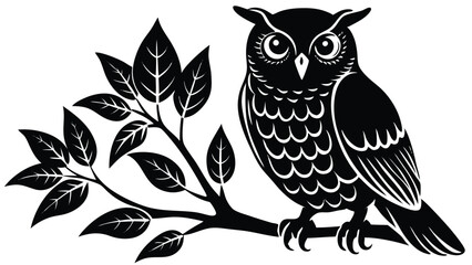 Fototapeta premium Owl silhouette perched on a branch black and white detailed vector illustration