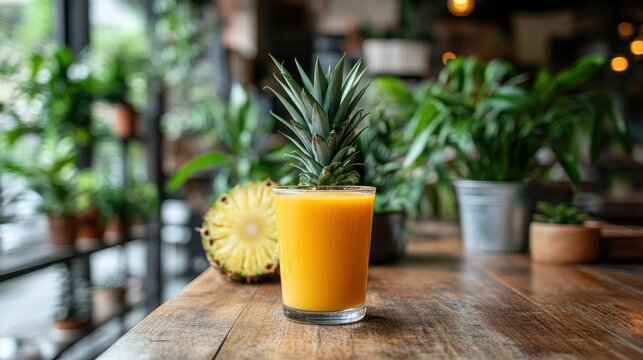 Pineapple smoothie in a glass, with fresh pineapple