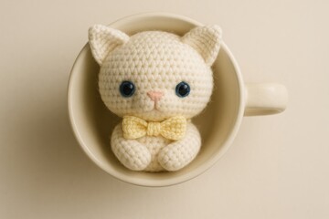 crochet kitten doll nestled in a small teacup