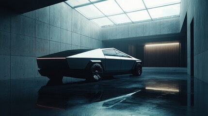 Modern car display in futuristic indoor setting