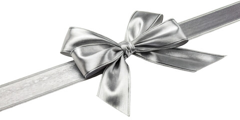 Silver Metallic Ribbon Tied in Shiny Bow, Isolated on Transparent Background