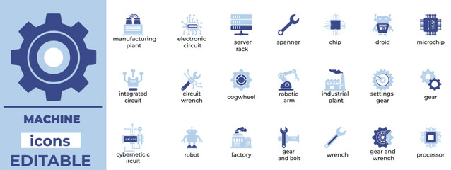 Editable machine icon set in clean line art style. Perfect for industrial, automation, and manufacturing design projects.
