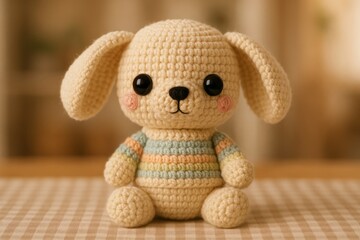 large-eared crochet puppy sitting on a checked fabric