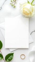 Elegant Wedding Invitation with White Rose and Gold Ring on Marble Background