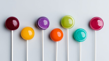 Minimalist background with colorful lollipops arranged symmetrically, flat lay
