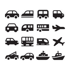 Fototapeta premium A comprehensive vector set of black silhouette transportation icons, including cars, trucks, vans, buses, and taxis, perfect for auto and delivery vehicle designs