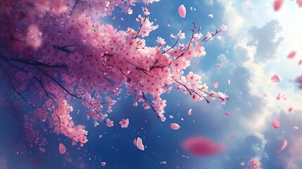 Fully bloomed cherry blossoms with soft petals drifting. 