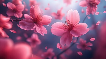 Fully bloomed cherry blossoms with soft petals drifting. 