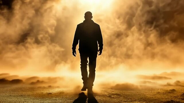 Silhouette of a man walking towards a golden light through smoky terrain