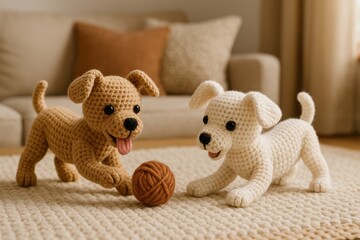 two crochet dog dolls playing with a small yarn ball