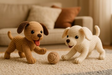 two crochet dog dolls playing with a small yarn ball