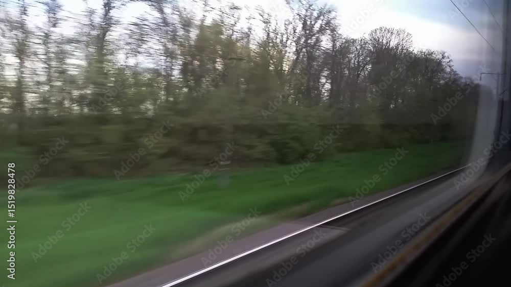 Poster train is passing through a forest with trees and grass. the train is blurry, giving the impression o