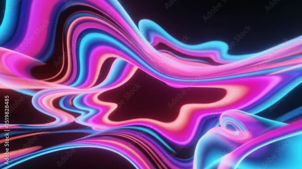 Poster dynamic abstract fractal composition with flowing neon colors, twisting fluid shapes and glowing mot