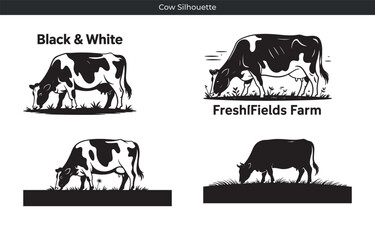 Four different stylized black and white cow silhouettes grazing on grass for farm logos