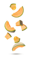 melon slice flying	on white